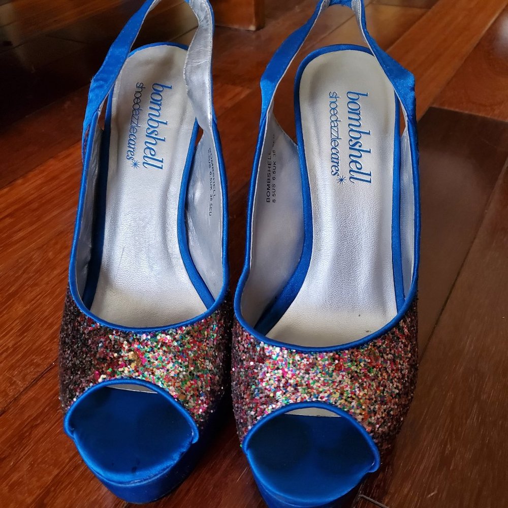 Blue satin peep-toe slingback heels, size 8.5